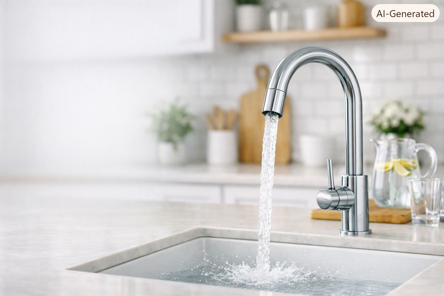 Family drinking clean, filtered water at the kitchen sink